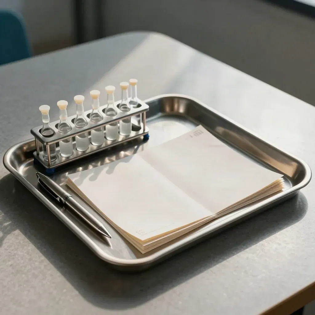 Medicinsk intagbricka med penna, vialrack och ihopfällda blanketter i mjukt ljus.