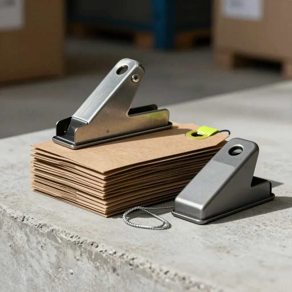 Logistikstill life med klämmor, fraktetiketter och räknare på ljus betong