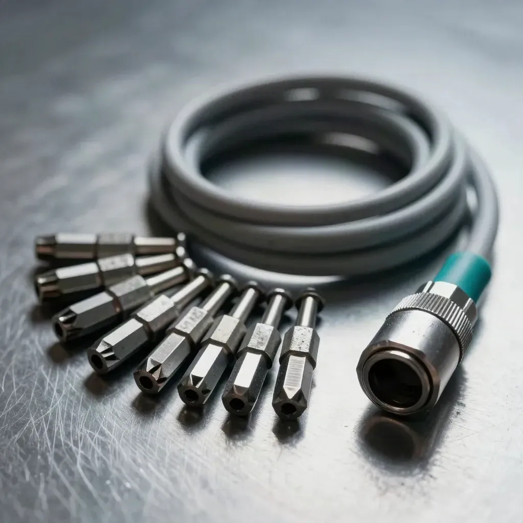 Makro av kabelhylsor, bitsats och grå testkabel på borstat metallunderlag.