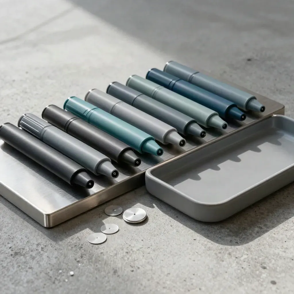 Top-down närbild av magnetiska task-markers på stålskena och delad brickinsats