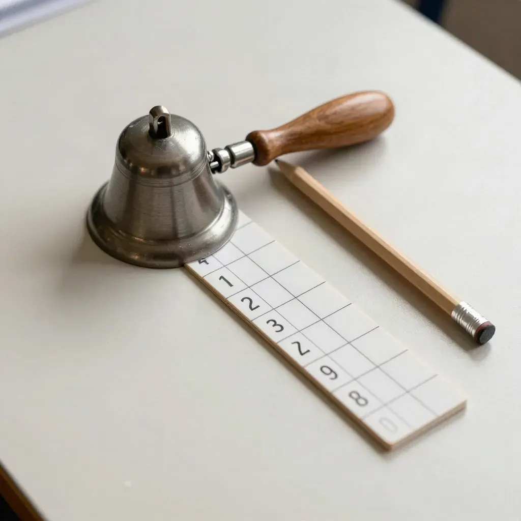 Handklocka, magnetiska schematiles och pennställ på ljus skolbänk i mjukt dagsljus.